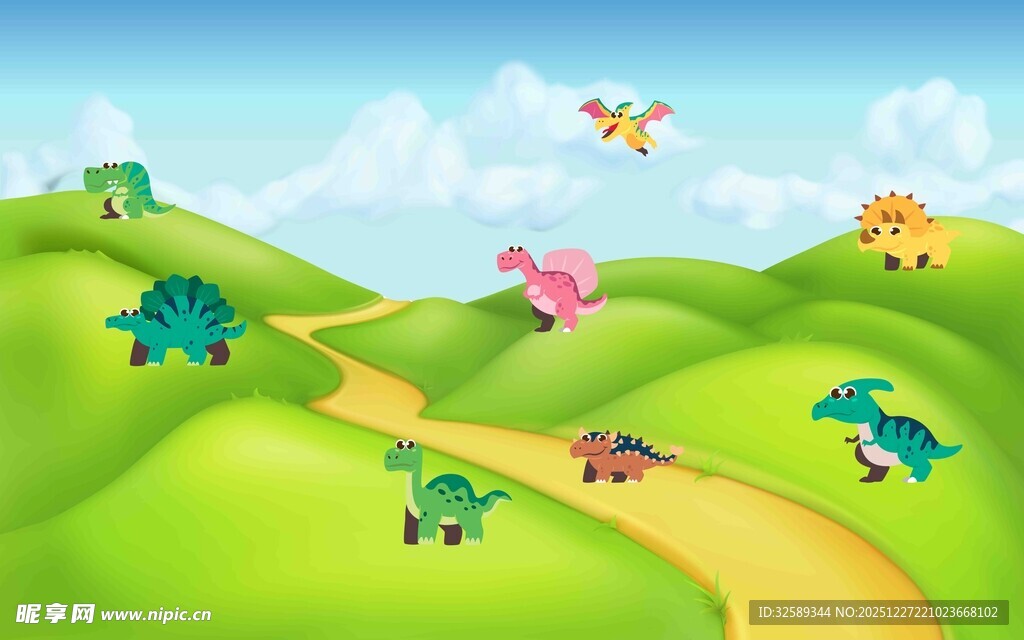 卡通动物在绿色山坡上奔跑