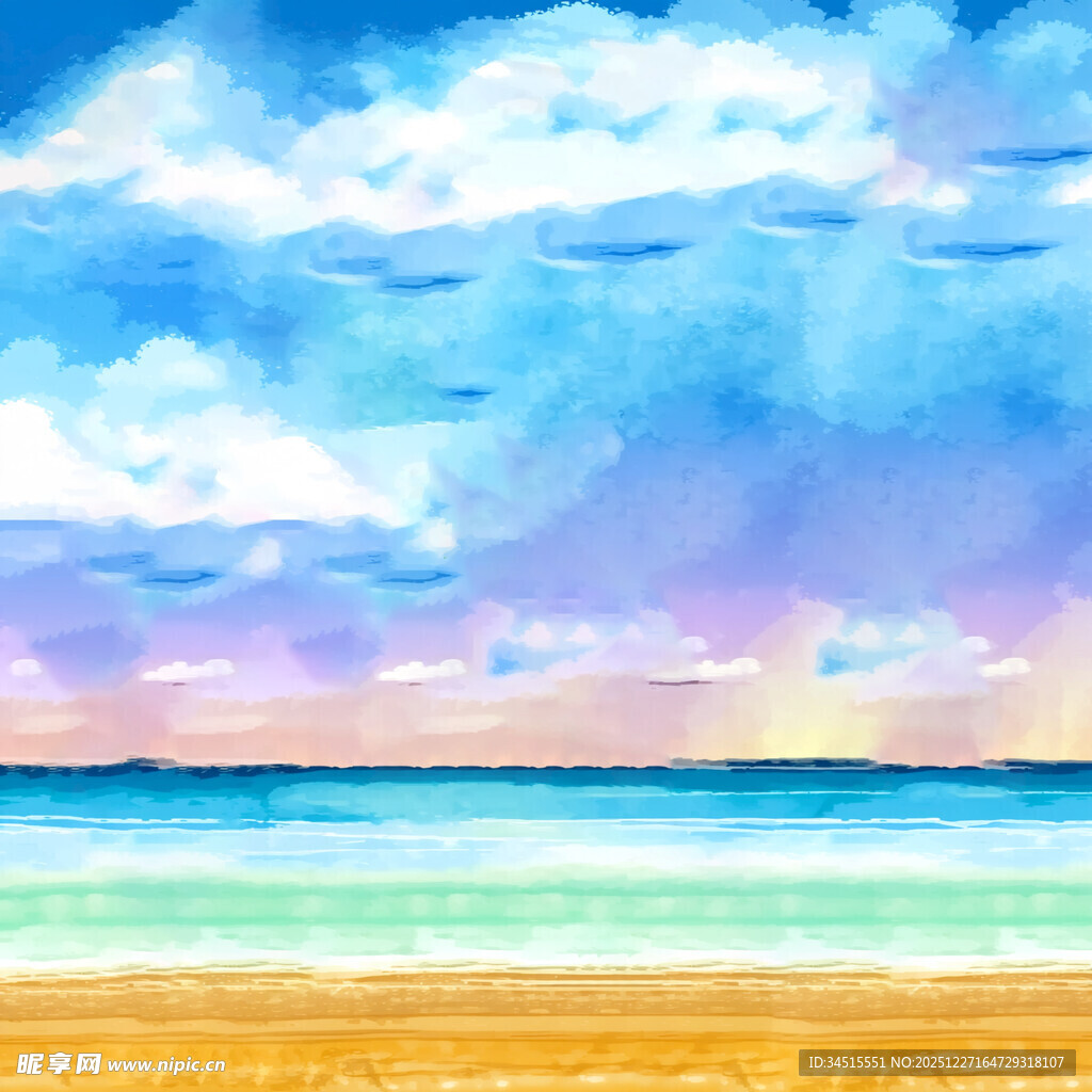 梦幻海滨水彩风景