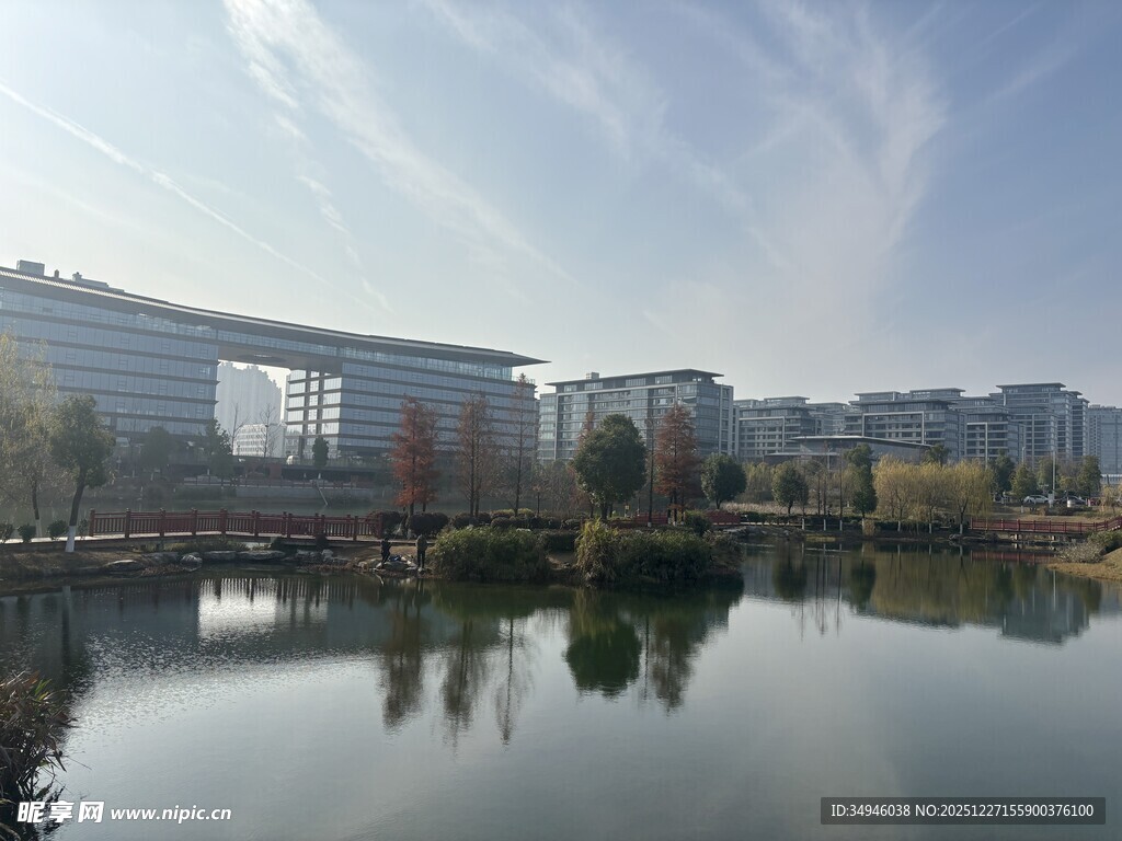 湖畔现代建筑群风光