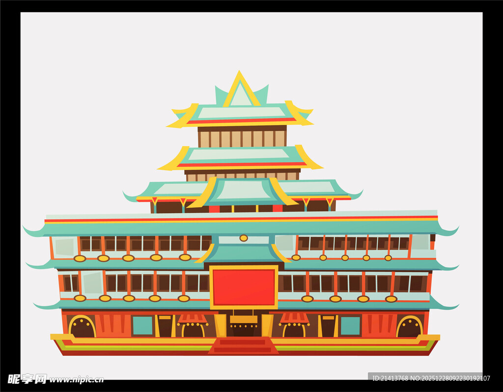 中式多层古建筑插画