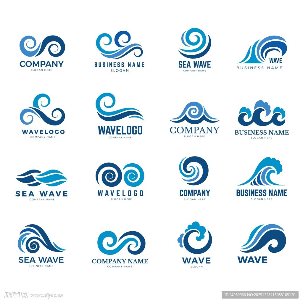 多样蓝色海浪风格标志集