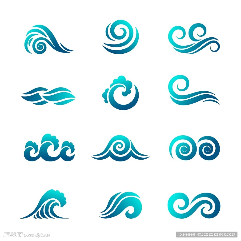 多样蓝色海浪图标集合