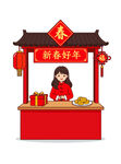 新春摊位前的喜庆女孩