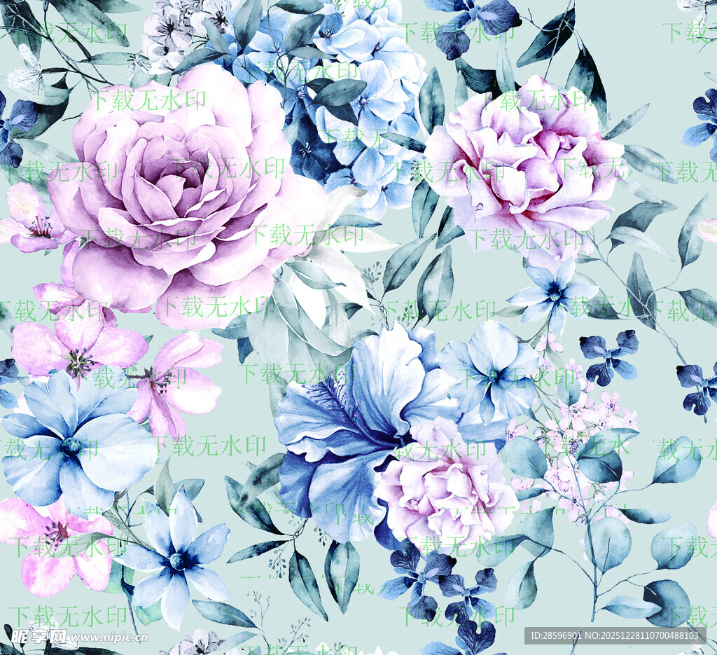 淡蓝背景花卉水彩插画