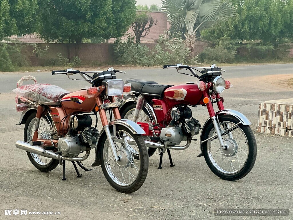 复古双摩托停放场景