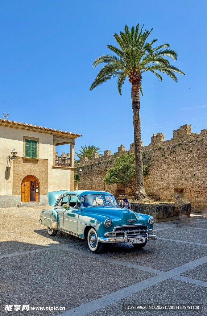 复古汽车旁的棕榈树与建筑
