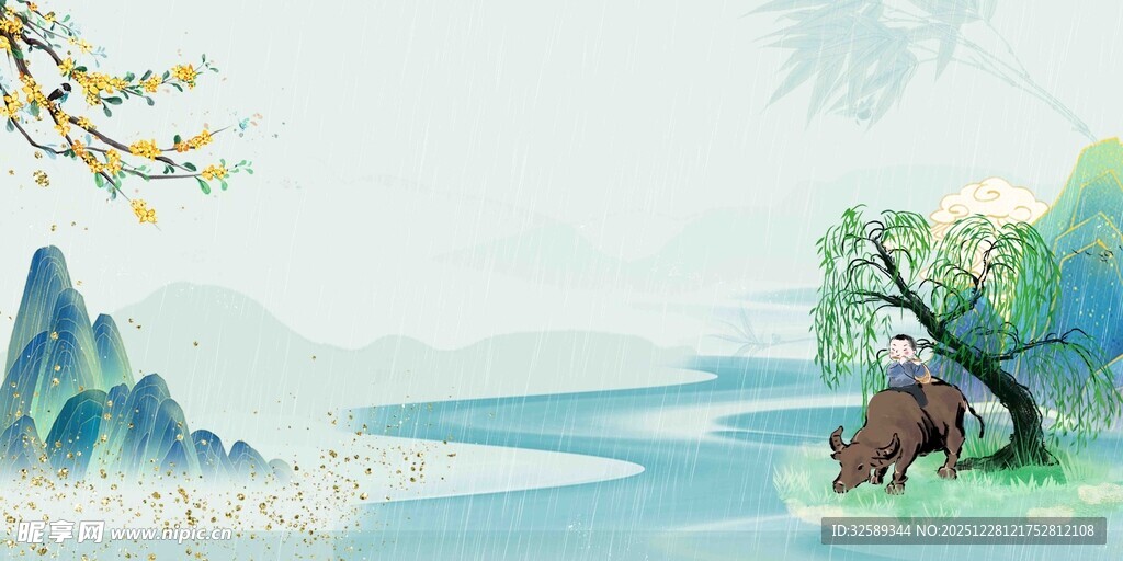 山水间的鹿与树