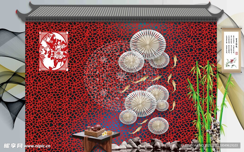 中式古典风红色装饰画