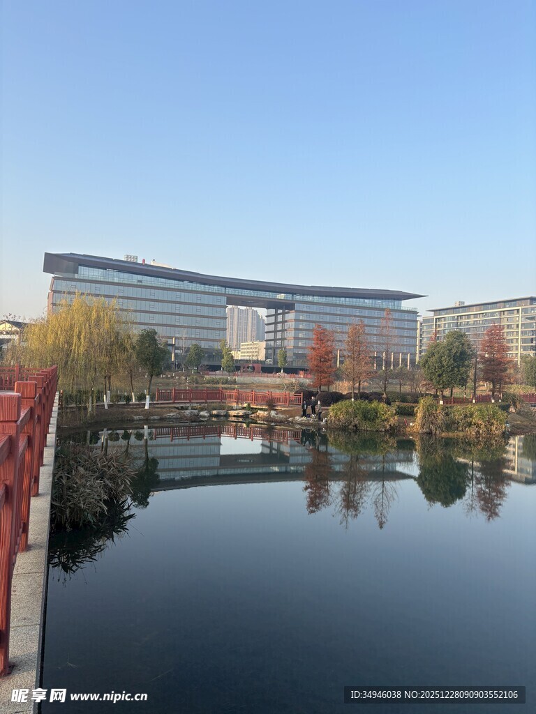 湖畔旁的现代建筑景观