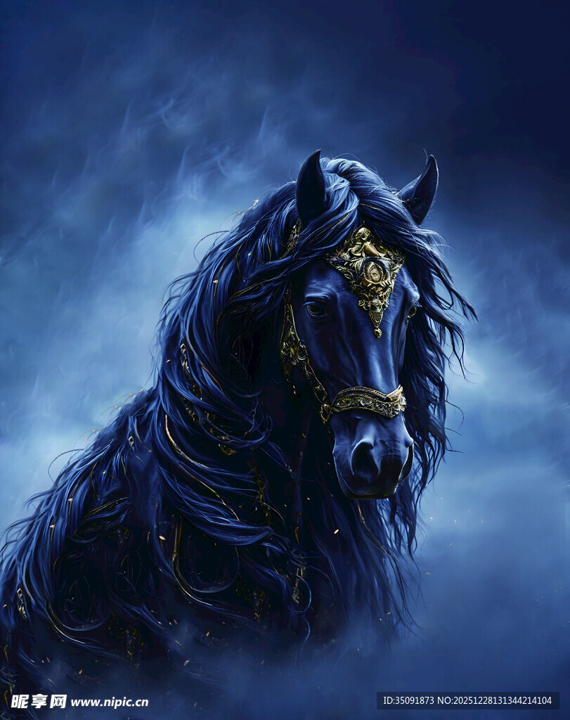 神秘蓝鬃骏马傲立云端