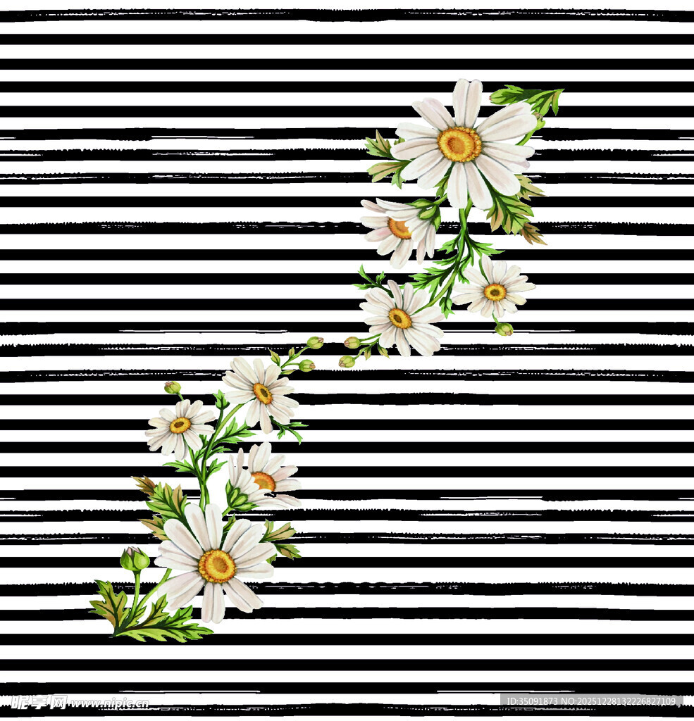 黑白条纹上的清新花卉图案