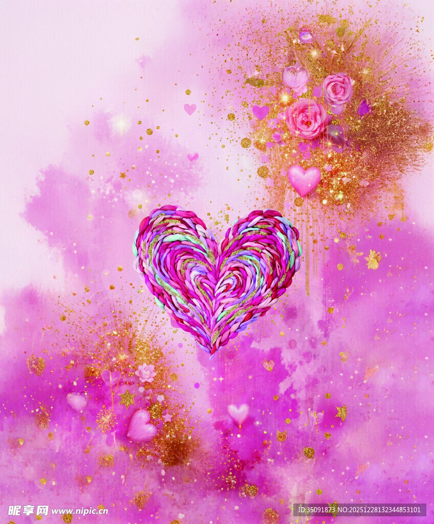 梦幻粉色爱心水彩画