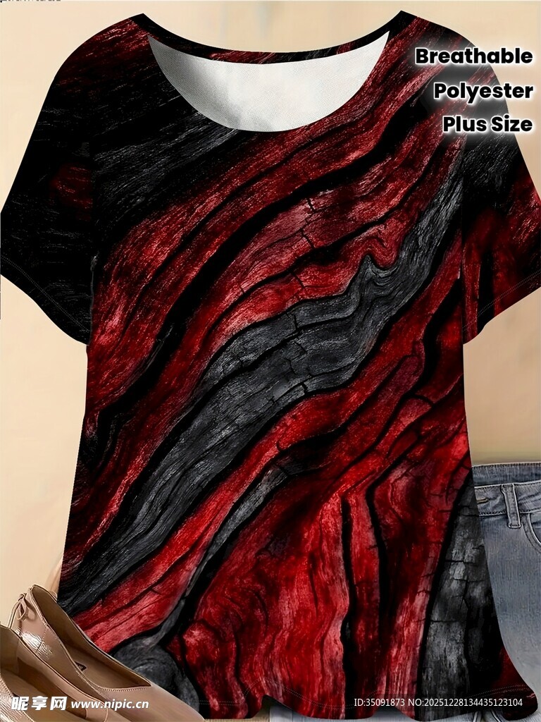 红黑纹理女士短袖上衣