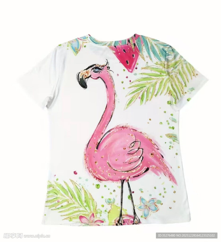 粉色火烈鸟与绿植插画