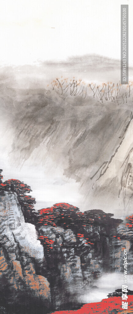 水墨山川红韵点缀