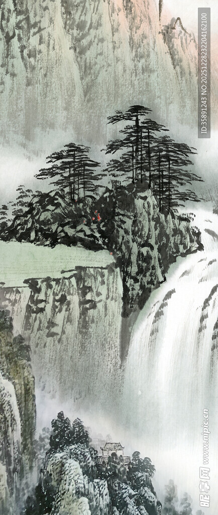 水墨山水间的壮丽瀑布景观