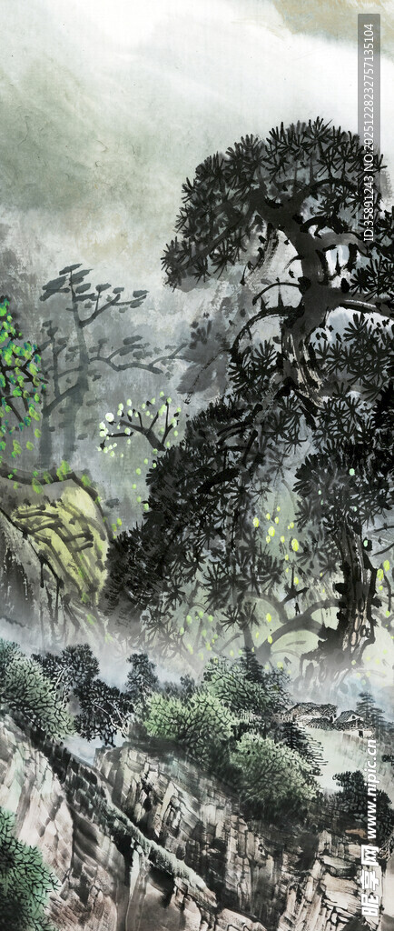 水墨山水间的苍松翠景