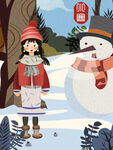 女孩与雪人共赏冬日美景