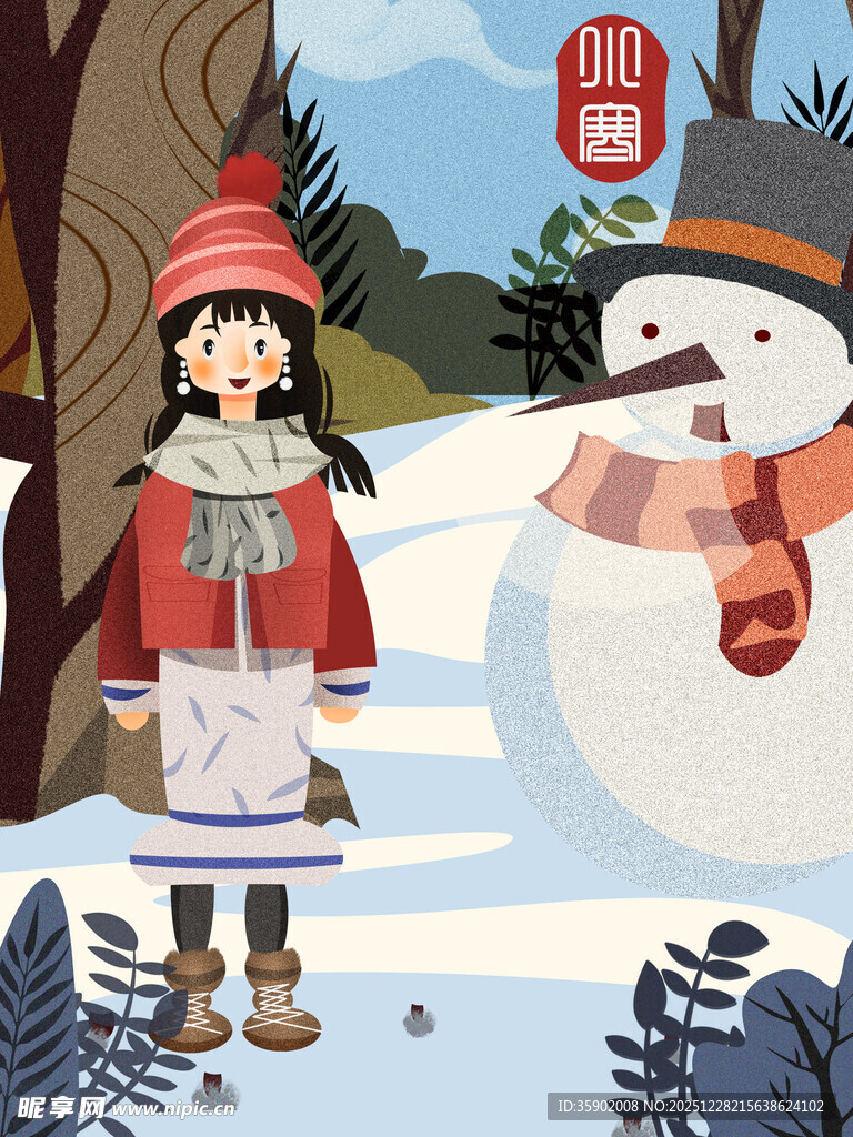 女孩与雪人共赏冬日美景