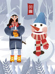 冬日女孩与可爱雪人相伴