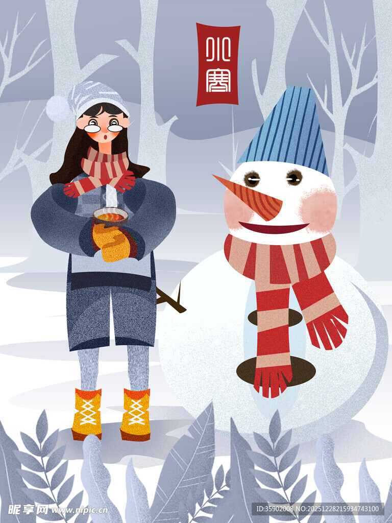 冬日女孩与可爱雪人相伴