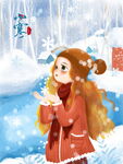冬日少女雪中嬉戏赏景