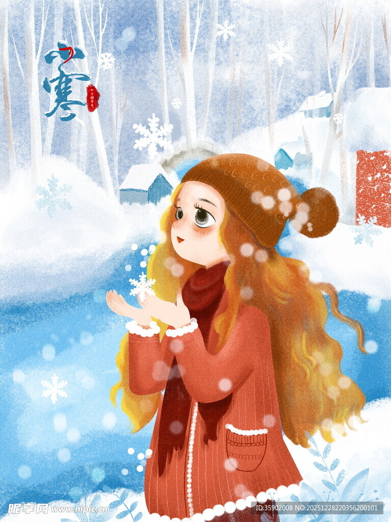 冬日少女雪中嬉戏赏景