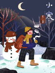 冬夜雪人旁的欢乐少年