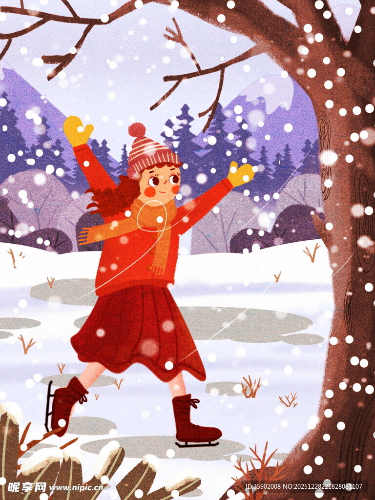 雪地中欢乐起舞的红衣女孩