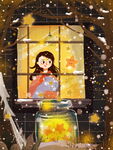 雪夜窗边女孩温馨赏景