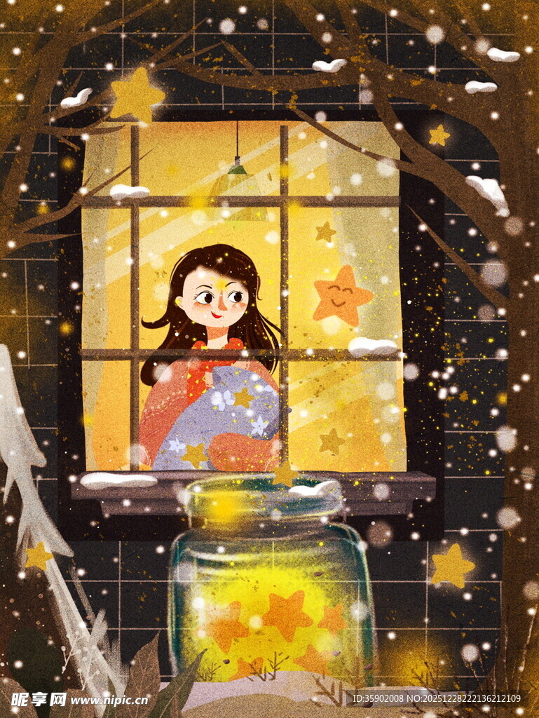 雪夜窗边女孩温馨赏景