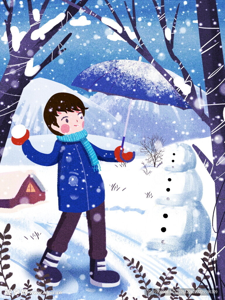 冬日男孩雪地欢乐玩耍