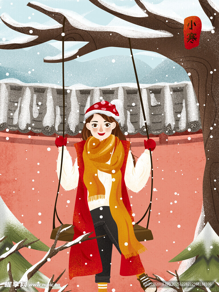 女孩雪中坐秋千赏景