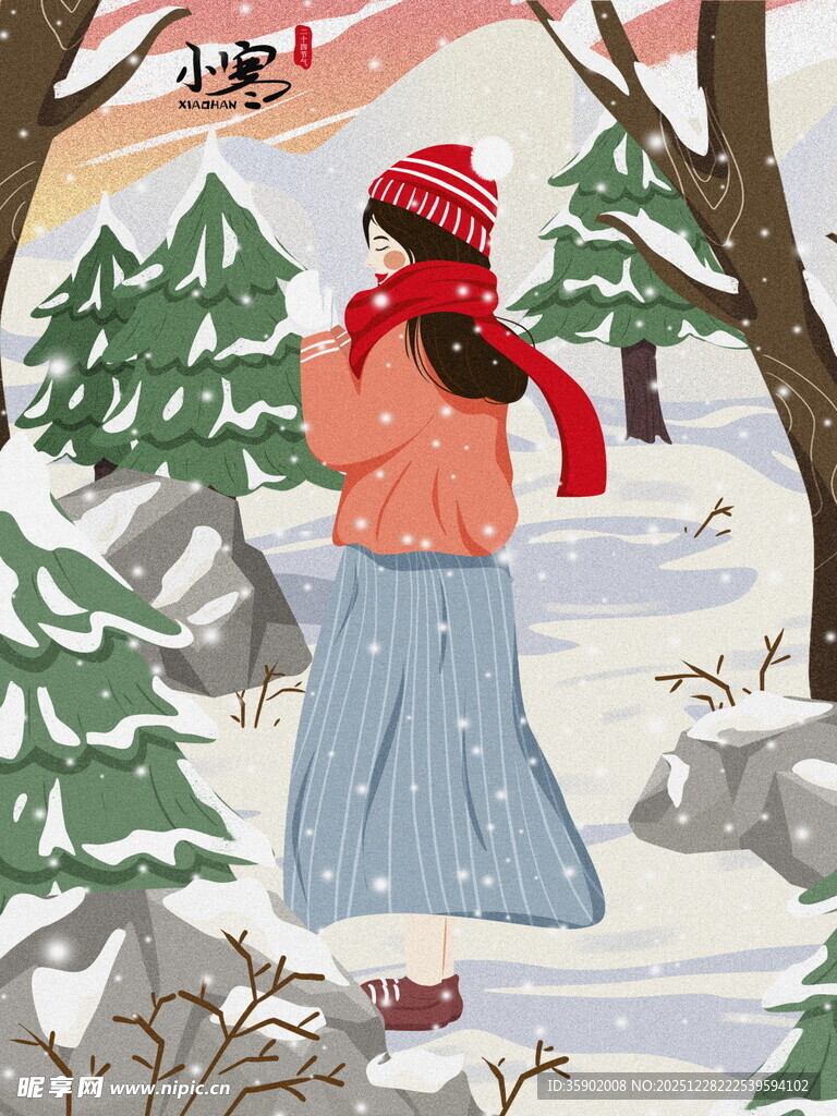 冬日女孩漫步雪景中