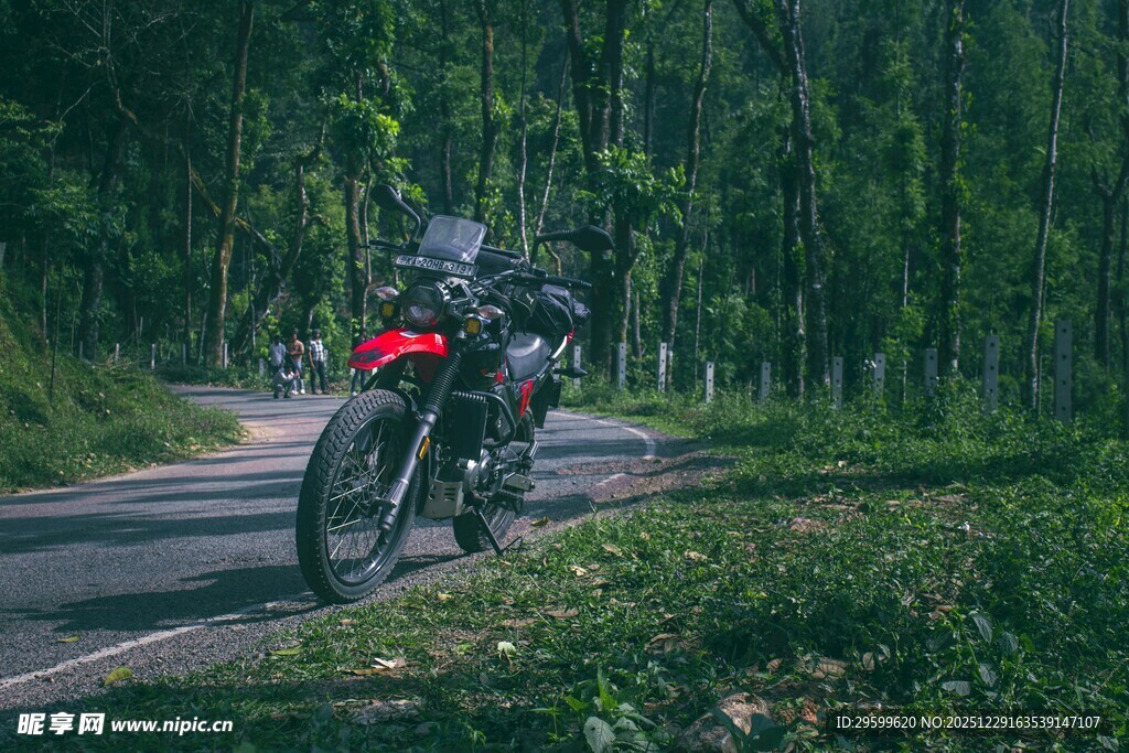 林间骑行的摩托车手