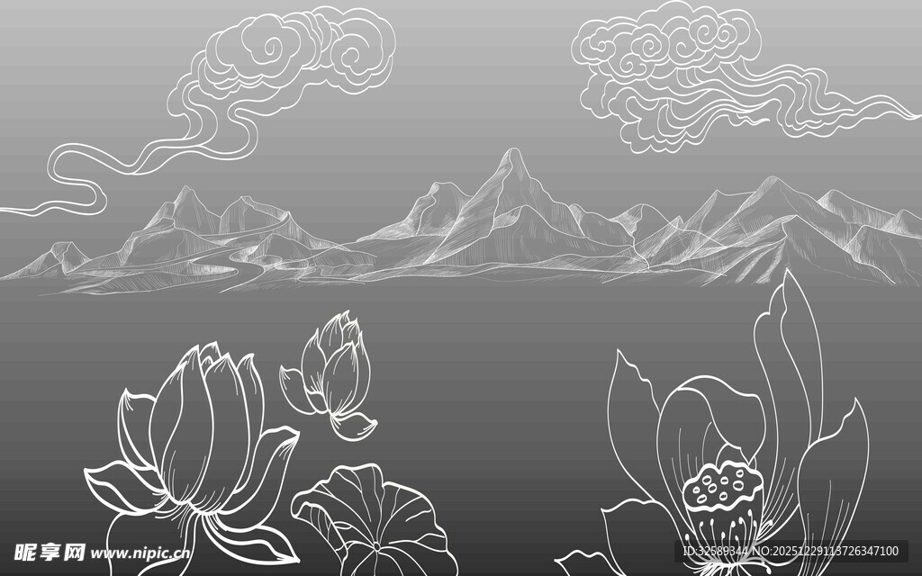 手绘花卉与山水轮廓图