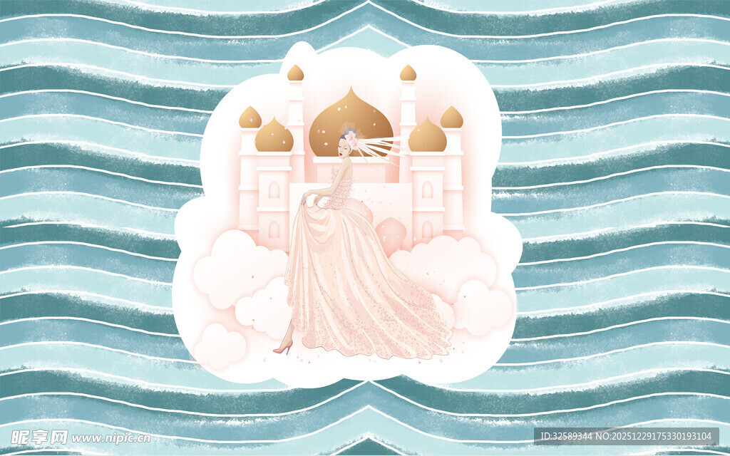 梦幻城堡于蓝白波浪背景