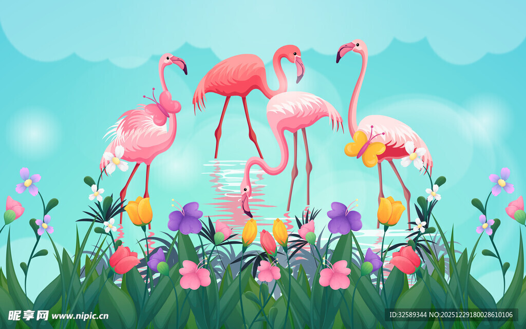 花丛中的粉色火烈鸟