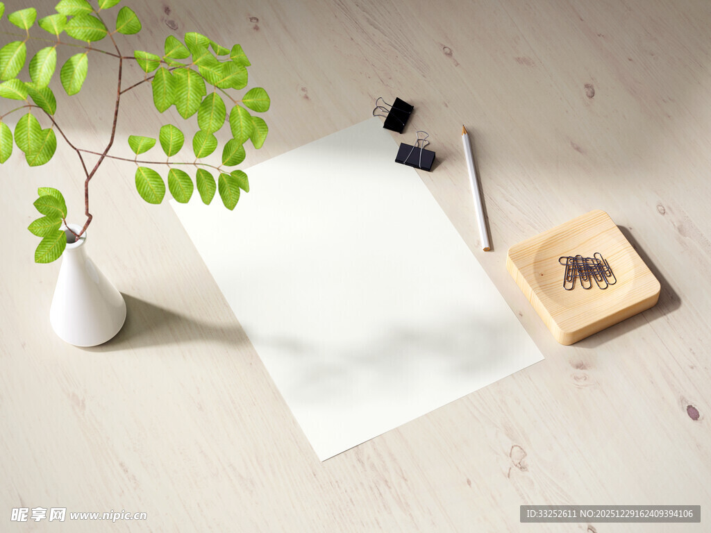 空白纸张与绿植文具组合