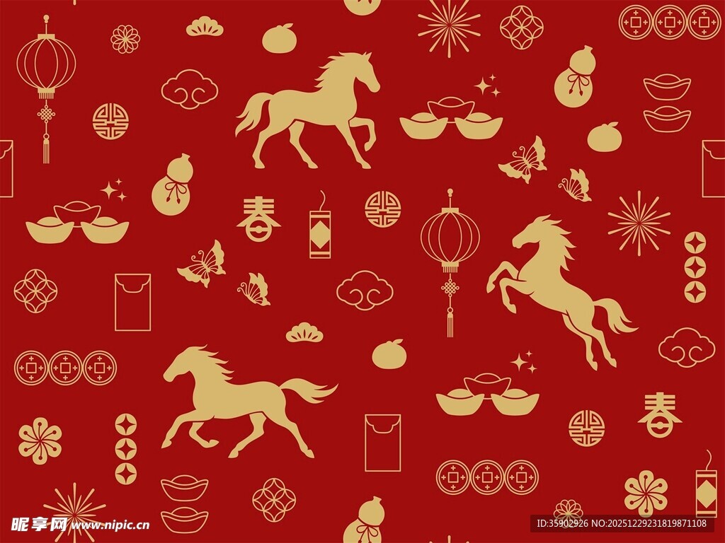 红色背景马元素中式图案