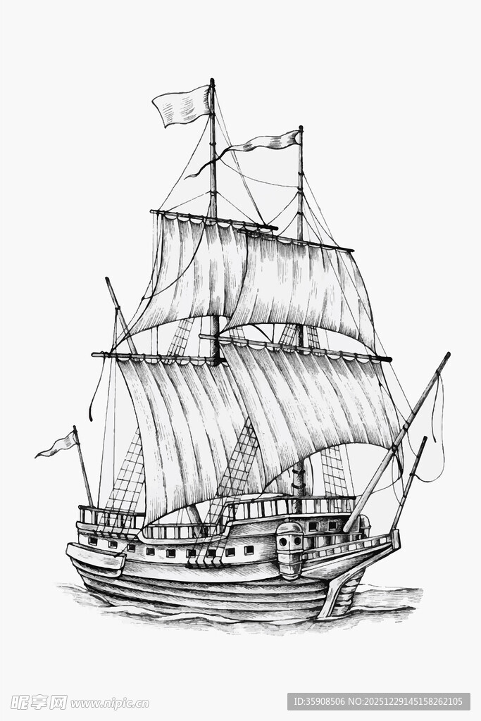 手绘复古帆船