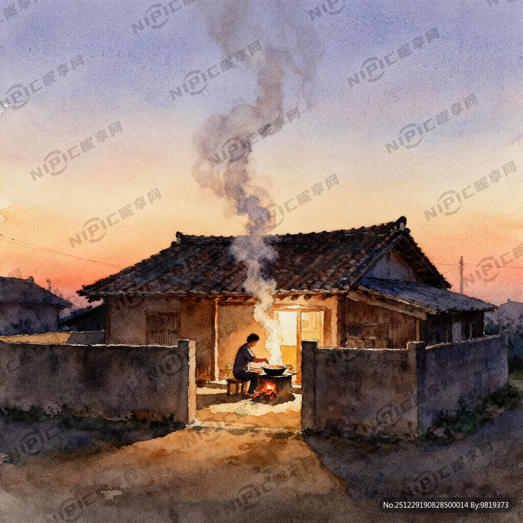 黄昏的农家气息 有瓦房、有围墙