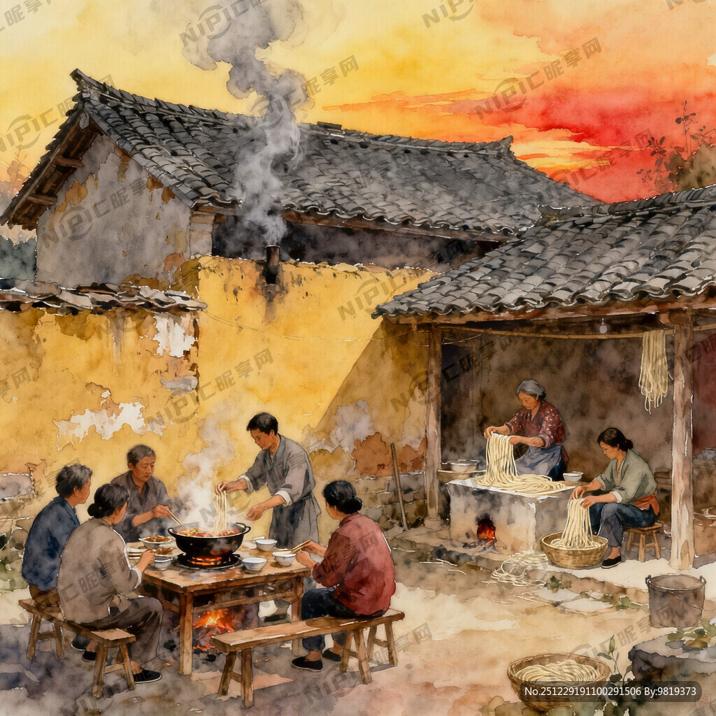 黄昏的农家气息 有瓦房、有围墙