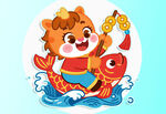 新年骑鱼卡通插图