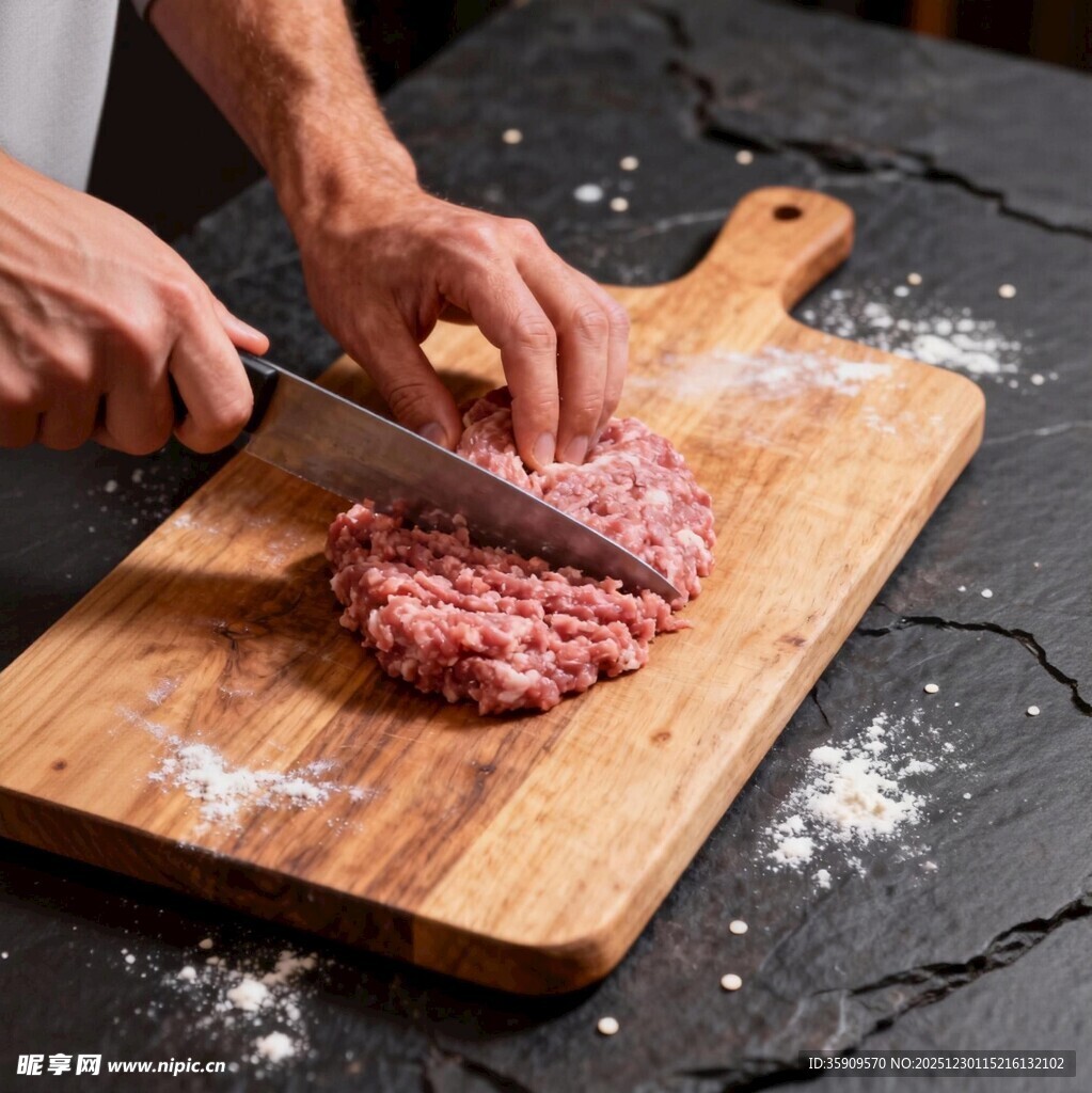 手切肉馅于木砧板之景