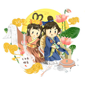 七夕情人节手绘浪漫相会鹊桥