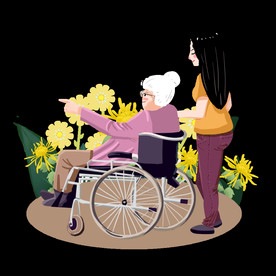 重阳节轮椅老人出门赏菊素材