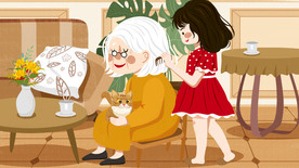 温馨重阳节女孩为老奶奶梳头敬老