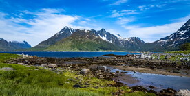 海岸岛屿雪山鸟瞰航拍自然风景