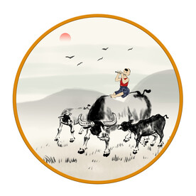 圆形水墨放牛娃